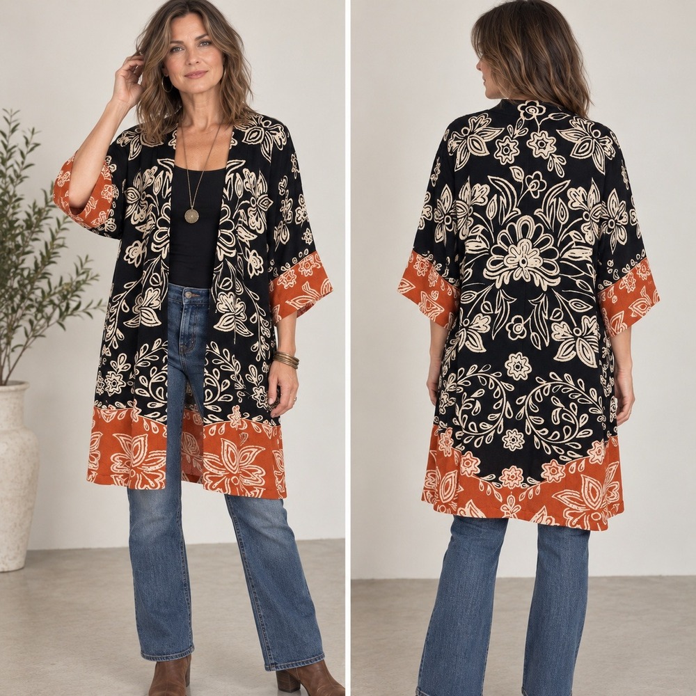 Chicos Floral Open Front Kimono Cardigan Large Boho Longline Fall Layering Artsy